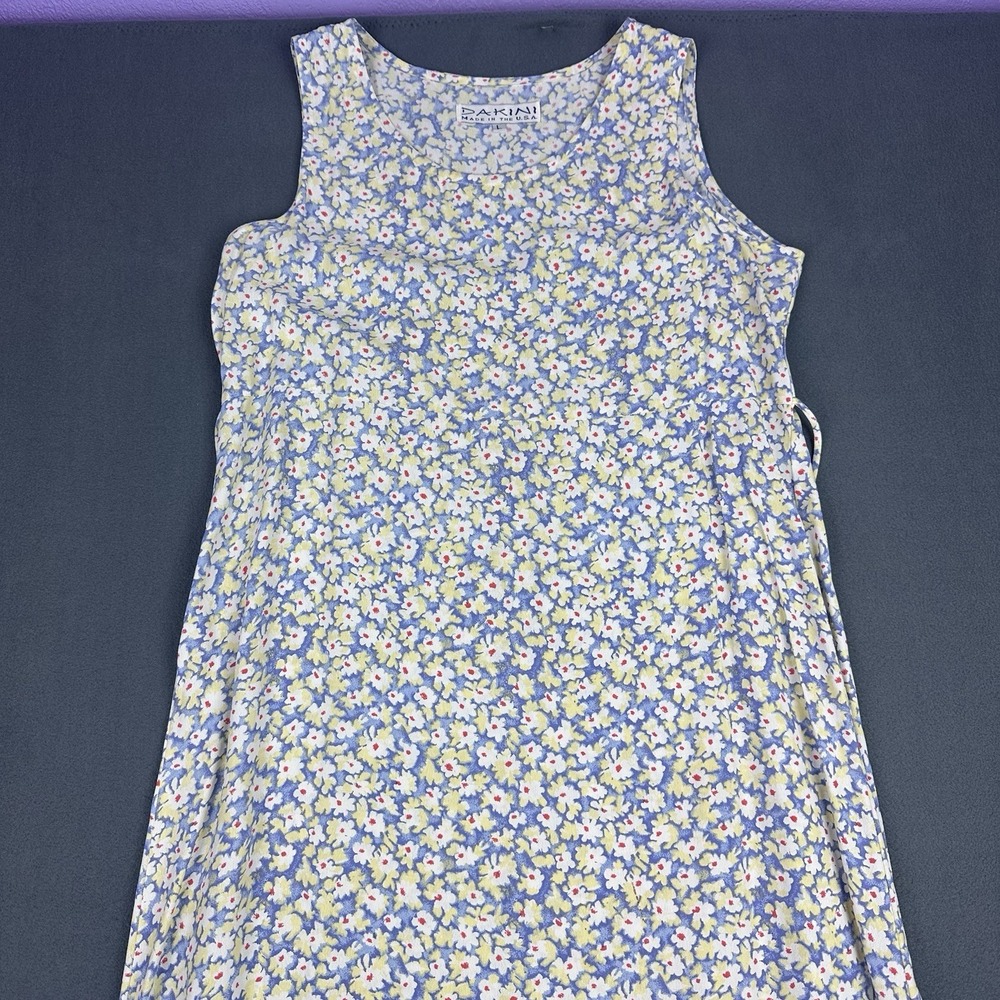 Dakini USA Women's Floral Sleeveless Rayon Midi Dress Blue White Size L Vintage